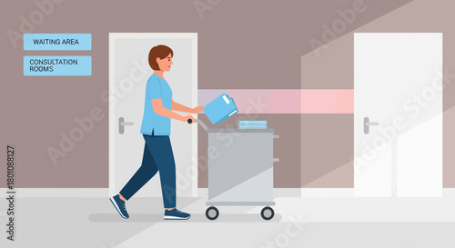 Medical Staff Member Proceeding Towards Examination Room with Patient Files in Hospital