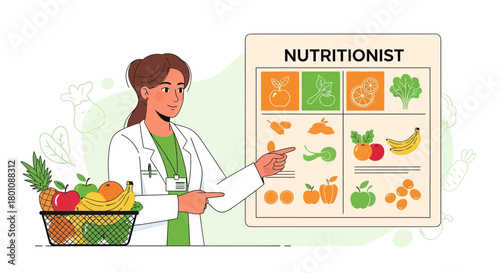 Nutritionist Presenting Healthy Food Choices Illustration for Dietary Guidance and Wellbeing