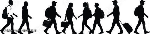 Silhouette illustration of group of people walking with bags and luggage on a white background