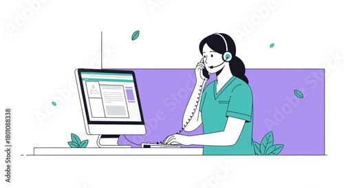 Online Assistant Talking And Helping Clients Working With Computer With A Headset Illustration