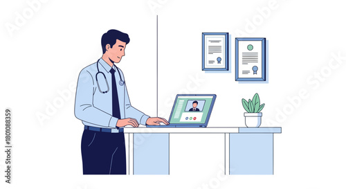 Online Medical Consultation Depicted With Doctor Using Technology and Remote Patient Interaction