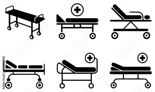Collection of Medical Stretcher and Gurney Icons with Medical Cross Symbol