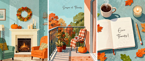 Cozy fall home interior, autumn balcony view, and Thanksgiving journaling illustration, warm seasonal atmosphere, gratitude theme, candles, pumpkins, foliage, and relaxing fall vibes greeting card.