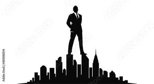 Silhouette of a confident businessman standing tall atop a stylized city skyline.