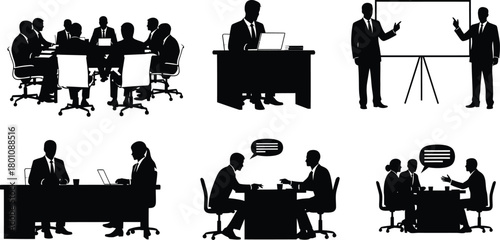 Silhouettes of business people in meetings presentations and office environments in vector format