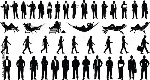 Silhouette illustrations of people standing walking and relaxing in various poses and activities