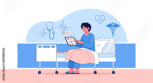 Patient Using Tablet To Monitor Health Data And Vital Signs In Medical Bed