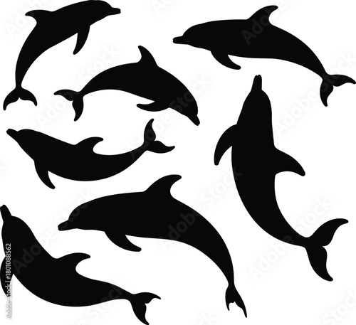 Dolphin silhouette set, swimming poses vector, black marine illustration, dynamic ocean motion, aquatic animal design, graceful sea creature