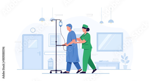 Patient's Assisted Ambulation Journey With Medical Support From Attending Nurse Assistance