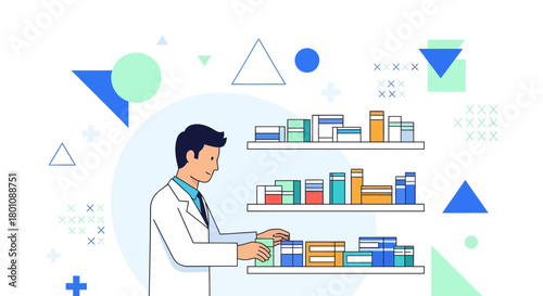 Pharmacist Assisting In A Pharmacy Environment By Arranging Medicine On The Shelves