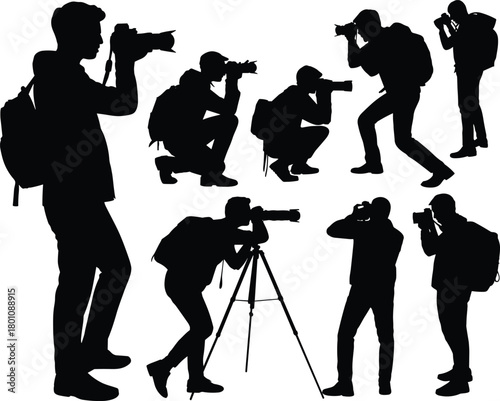 Photographer silhouette set, camera poses, black vector illustration, tripod stance, crouching shot, backpack gear, dynamic photo action