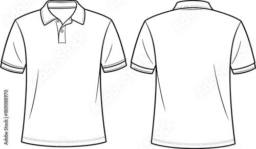 Polo shirt technical sketch, front and back view, crew neck button placket, short sleeve ribbed cuff, fashion flat vector