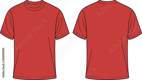 Red t-shirt technical sketch, front and back view, crew neck design, short sleeve flat vector, apparel fashion illustration