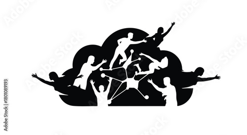 Diverse group of people in silhouette reaching out and connecting within a cloud shape, symbolizing community and collaboration.