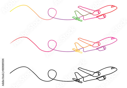 Continuous line art of airplane flying through the sky with vapor trails