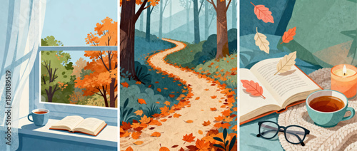 Autumn reading moments with cozy window view, forest trail, and warm coffee, peaceful fall atmosphere, relaxing seasonal illustration with foliage, books, and serene nature greeting card.