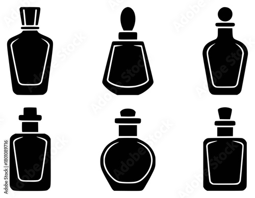 Collection of Six Black Silhouette Perfume Bottles and Vials on White Background