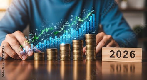 Increasing stacks of coins overlaid with a glowing blue and green growth chart, symbolizing financial success and investment goals for 2026