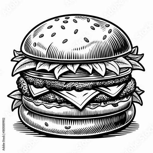 **Searchable SEO Title:**  
Vintage Burger Illustration – Detailed Black and White Hamburger Drawing Vector

**45 concise single-word keywords:**  
burger, hamburger, cheeseburger, beefburger, fastfoo