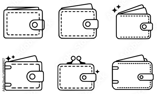 Collection of six simple line art wallet icons with various designs and details