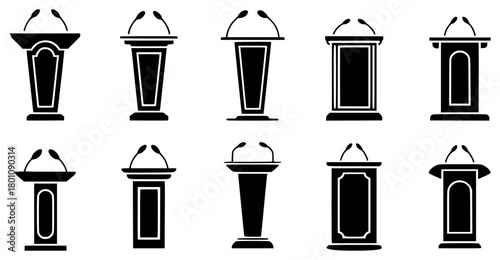 Collection of ten black and white podium and lectern icons with microphones