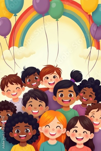 Diverse group of happy children celebrating under a rainbow and balloons