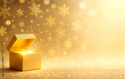 Golden Christmas Gift Box with Glowing Light and Snowflakes ,Generative ai