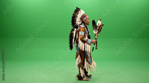 Vibrant indigenous dancer in detailed traditional regalia on green background