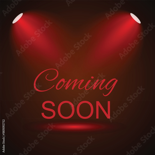 Coming soon message illuminated by spotlights on a dark red gradient background.