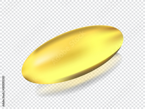 Golden oil capsule of vitamin A, E, Omega 3 or collagen. Vector realistic mockup of medical pill with fish fat or organic cosmetic oil. Clear yellow tablets isolated on transparent background