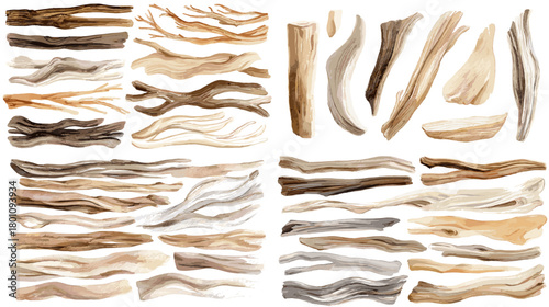 Watercolor driftwood pieces in tan, beige, and gray with natural grain and weathered texture. Beach wood elements isolated on white for rustic branding, frames, and backgrounds.