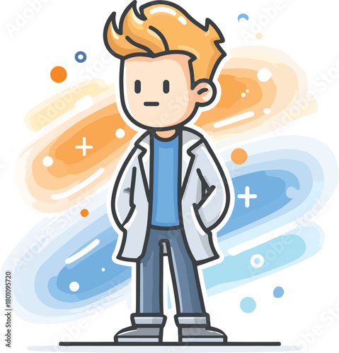 Cartoon scientist character with colorful abstract background
