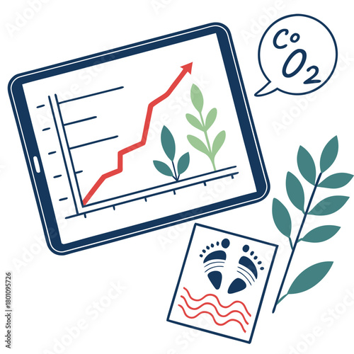 Tablet showing a business growth chart with a plant and footprint, isolated on