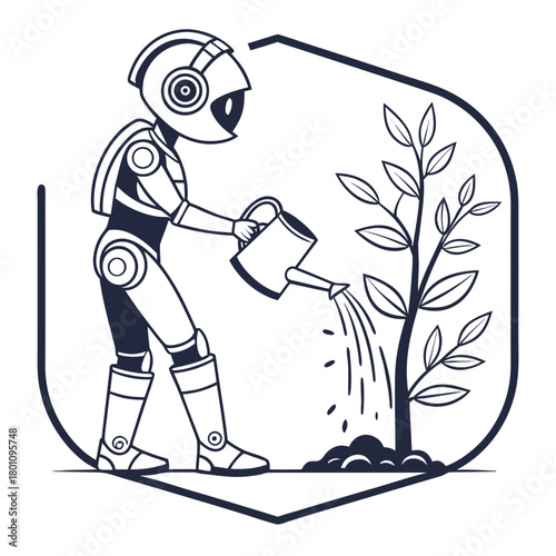 Robot watering a plant, isolated on, for environmental concept