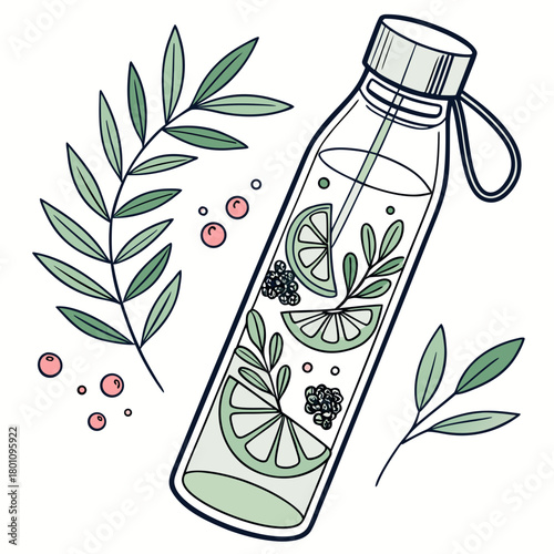 Infused water bottle with lime and berries isolated on