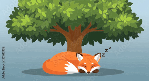Cozy Fox Nap A Peaceful Scene of Wildlife Relaxation Under a Lush Tree with Zzz Icon