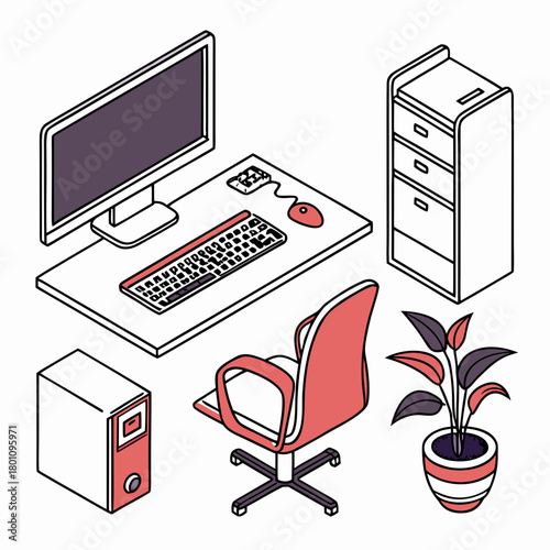 Isometric office workplace with computer, chair, and plant isolated on