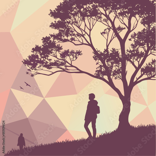 Silhouette of a man standing near a tree with birds flying above it