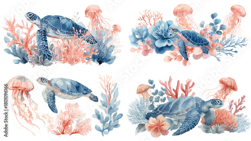 Watercolor sea turtle arrangements with coral, jellyfish, and sea plants in blue and coral tones. Hand painted marine compositions isolated on white for coastal decor and invitations.