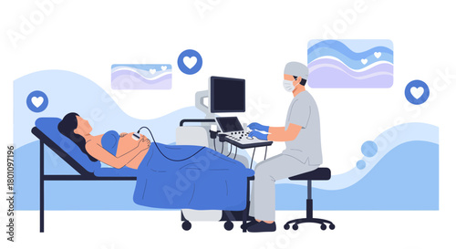 Pregnant Woman Undergoing Ultrasound Exam With Doctor In Modern Clinic Setting