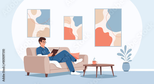 Relaxed Medical Professional Enjoying Leisure Time Reading and Resting In a Comfortable Setting