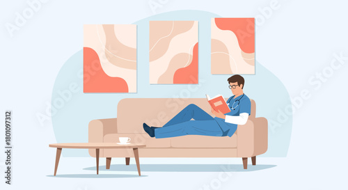 Relaxed Medical Professional Reading Book in Comfortable Living Room Environment Design