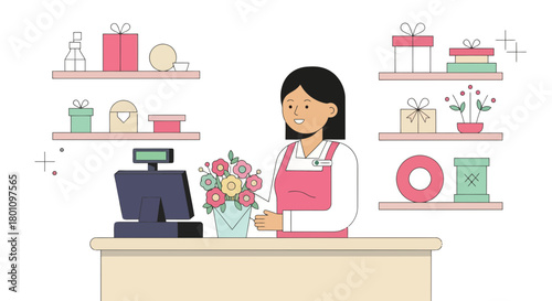 Shopkeeper Smiling At Her Counter Presenting Beautiful Floral Arrangement For Sale