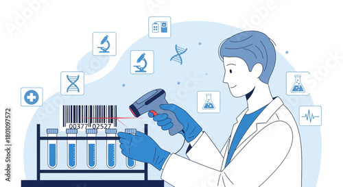 Scientist Scanning Barcode Test Tubes In A Lab With Medical Icons