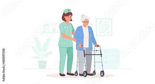Supporting Mobility: A Healthcare Worker Assisting an Elderly Woman with a Walker