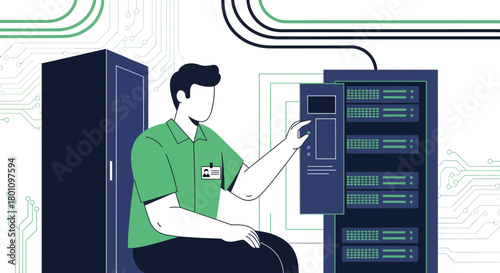 Technician Interacting With Computer Servers In A Modern Data Center Illustration