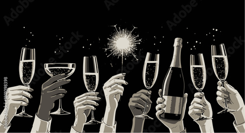 Sophisticated vector illustration of diverse hands holding various champagne glasses, a bottle, and a sparkling lit fusee or sparkler, celebrating a special occasion against a dark, minimalist backgro