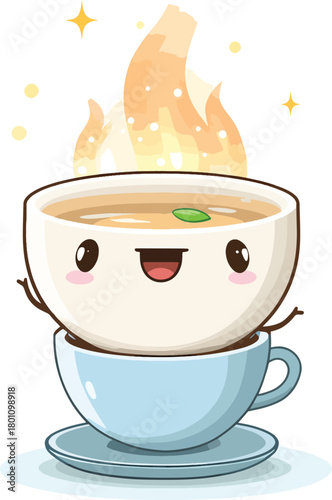 Cute smiling coffee cup character with flames and stars
