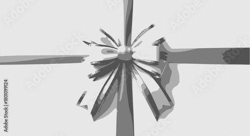 Abstract, stylized vector illustration of a metallic starburst gift bow tied in the center of intersecting ribbons on a clean, minimal white background, in monochrome shades.