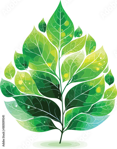 Vibrant green leaf illustration with watercolor effect on white background
